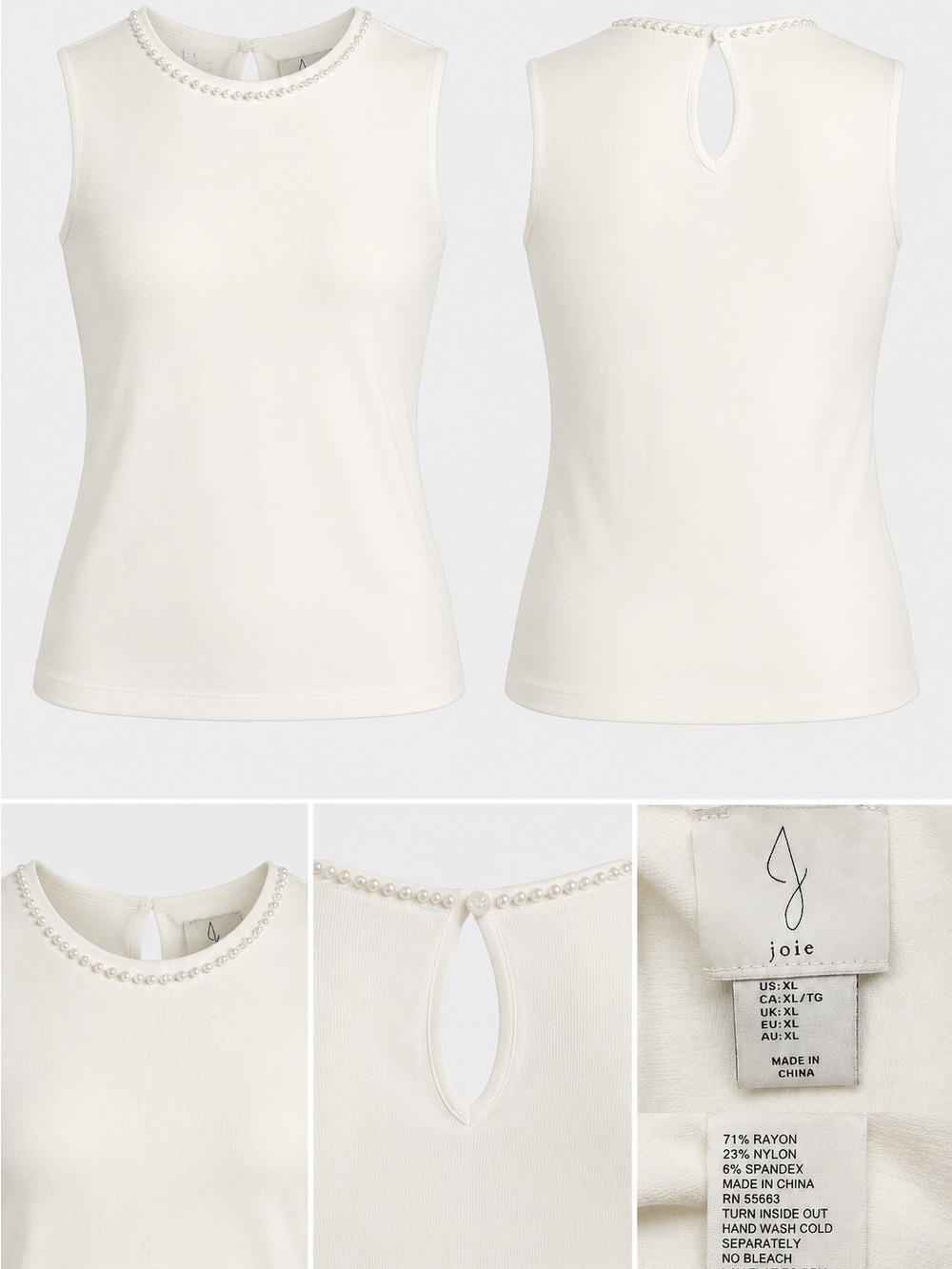 Joie White Sleeveless Pearl Neck Knit Top Size XL Elegant Stretch Shell